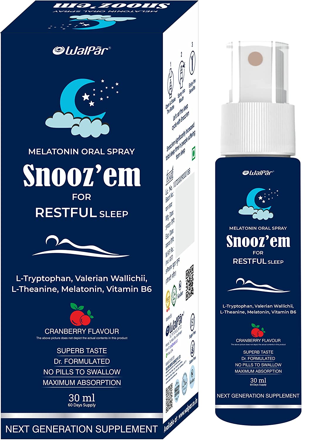 WALPAR Snooz’em Melatonin 3mg Sleep Spray with Vitamin B6 Supplement – Non Habit Sleeping Aid Drops Cranberry Flavour - 30mL